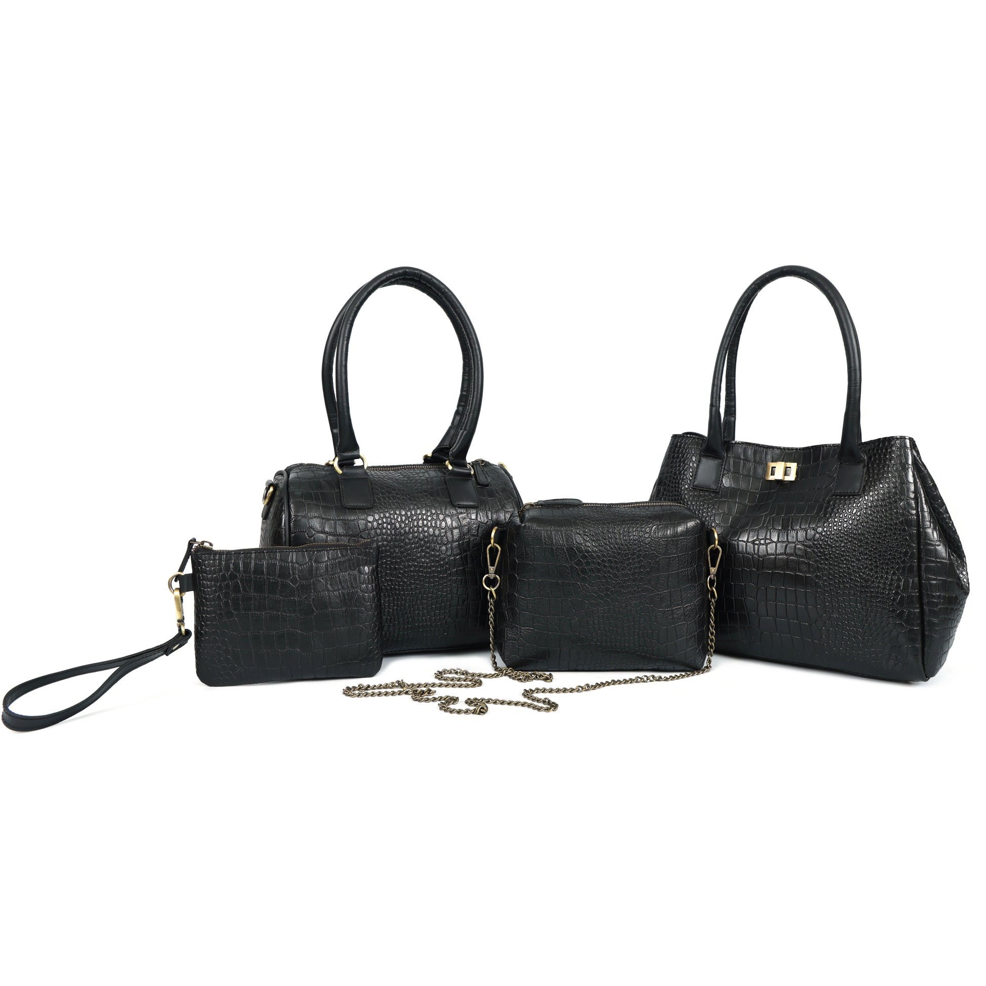 Luxury Black Crocodile Pattern Women’s 4-in-1 Handbag Set (Tote, Shoulder, Sling & clutch)