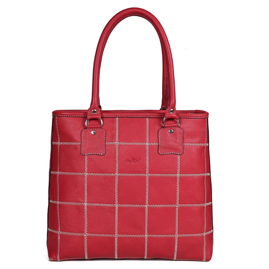 Genuine Leather Red Tote Bag with Check Stitch Design and Zip Closure
