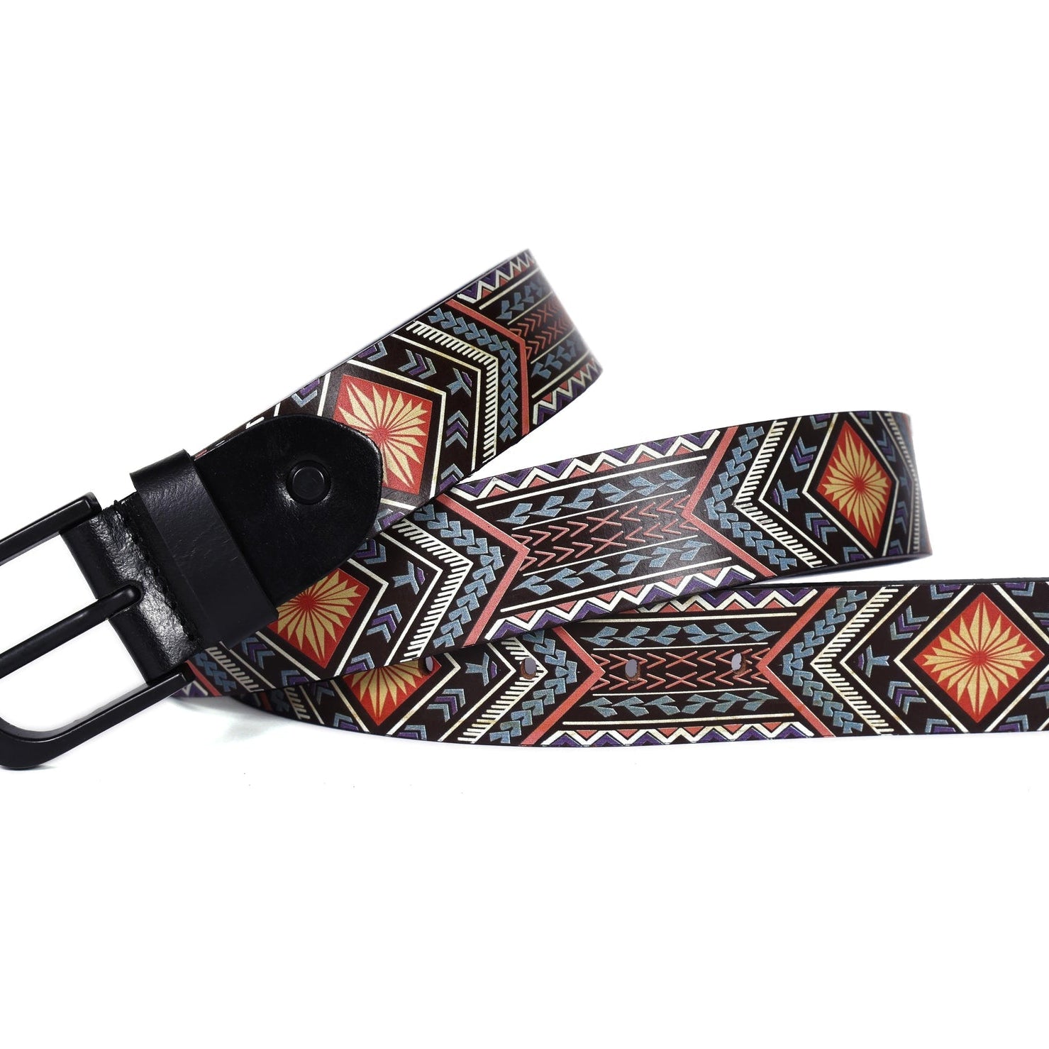 Men Genuine Leather Tribal Geometric Multicolor Waist Accessory Matte Buckle