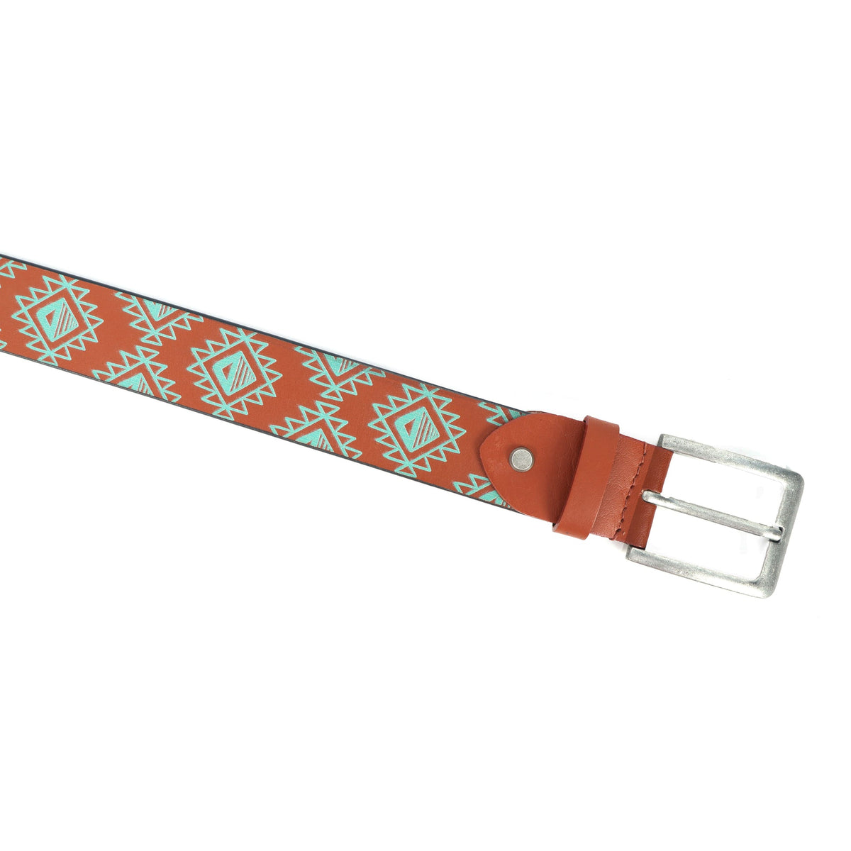 Unisex Geometric Ethnic Printed Leather Belt With Silver Buckle For Casual Wear