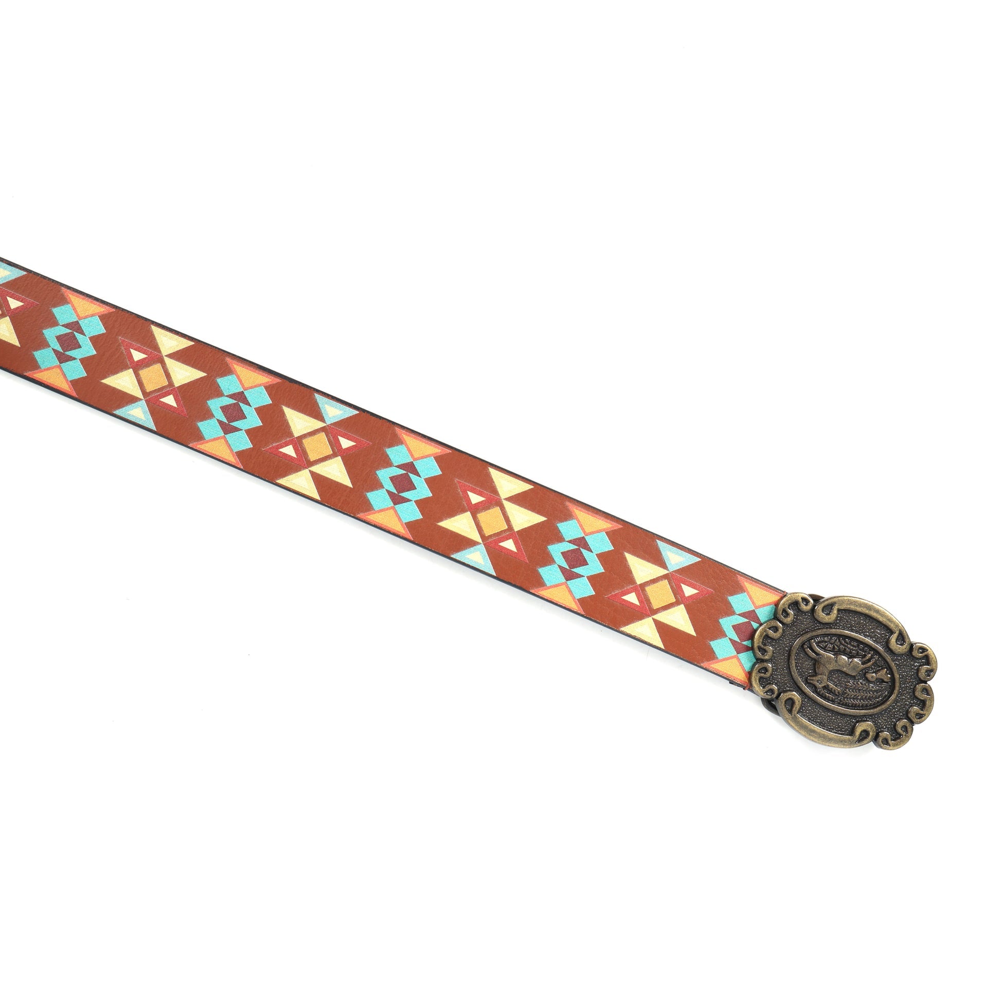 Unisex Aztec Pattern Leather Belt With Antique Buckle Handmade Ethnic Style Accessory.