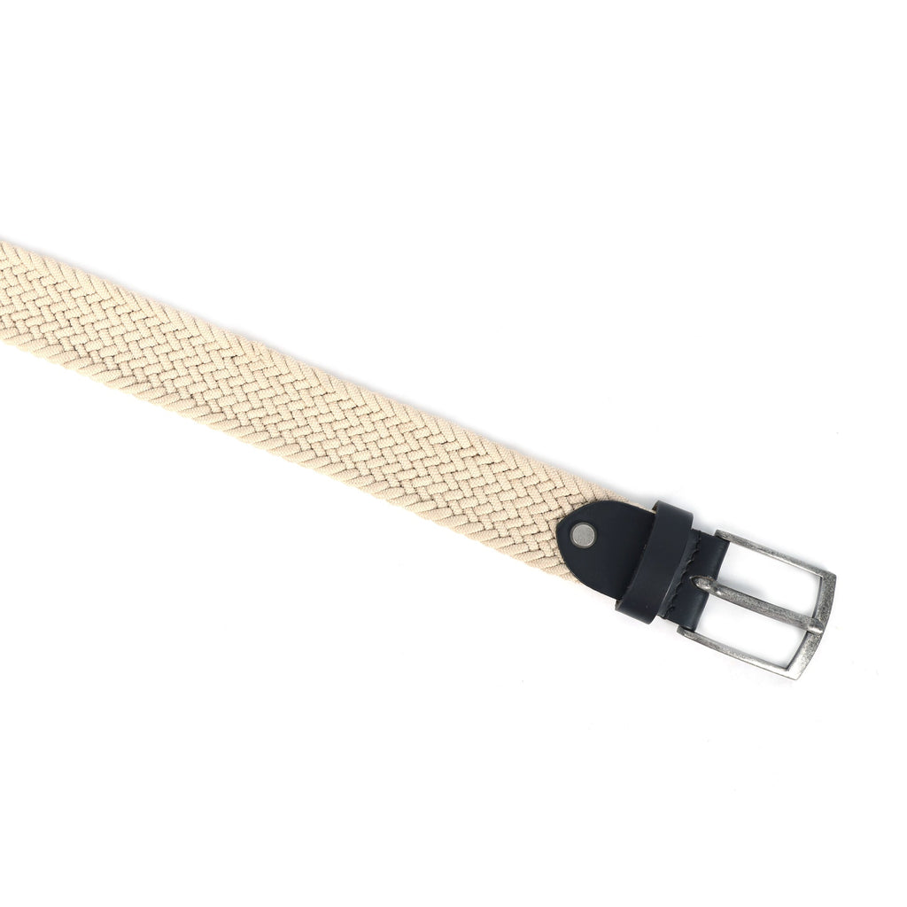 Unisex Woven Beige Belt With Black Leather Tip Silver Buckle Casual Formal Wear