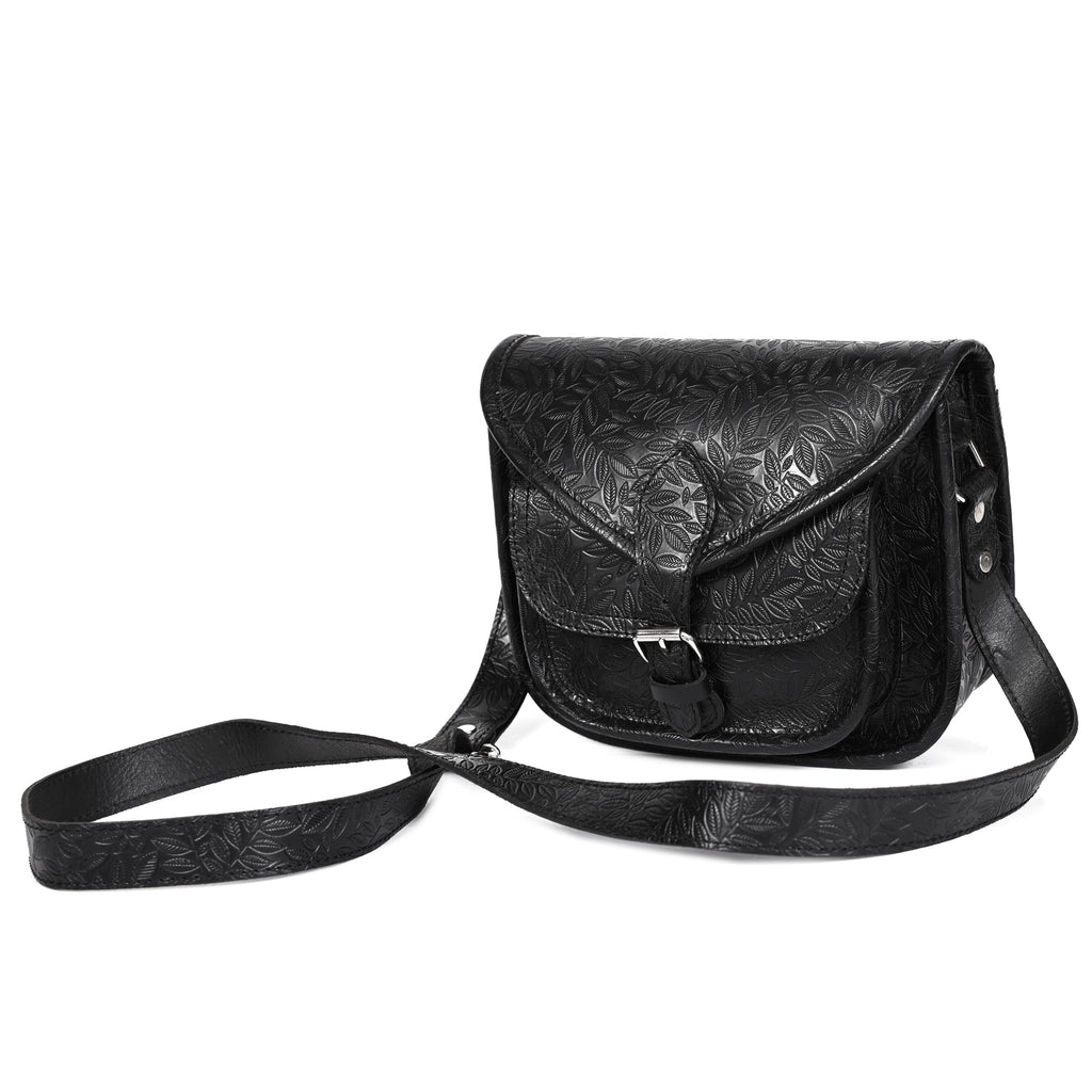 Vintage Floral Embossed Leather Sling Bag with Front Pocket Handcrafted Crossbody