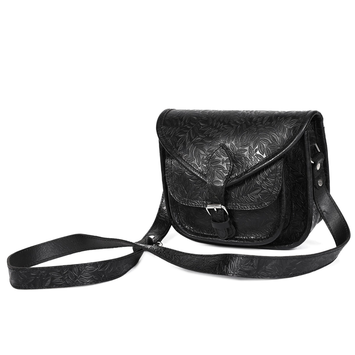 Vintage Floral Embossed Leather Sling Bag with Front Pocket Handcrafted Crossbody