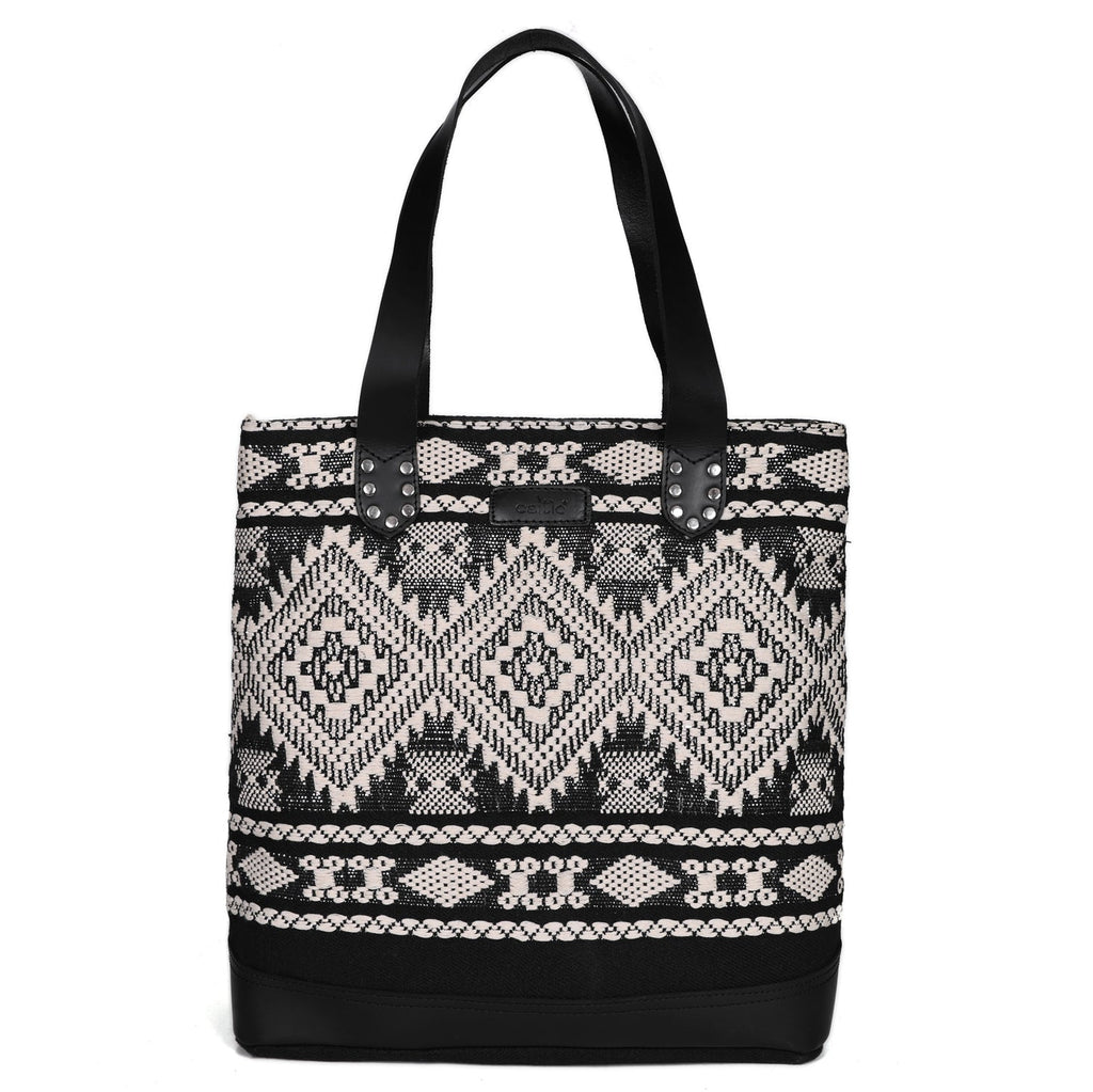 Premium Export Quality Black & White Jacquard Tote Bag With Spacious Zipper Compartments