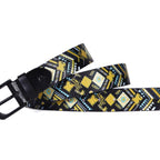 Unisex Genuine Leather Tribal Geometric Yellow Black Waist Accessory Matte Buckle
