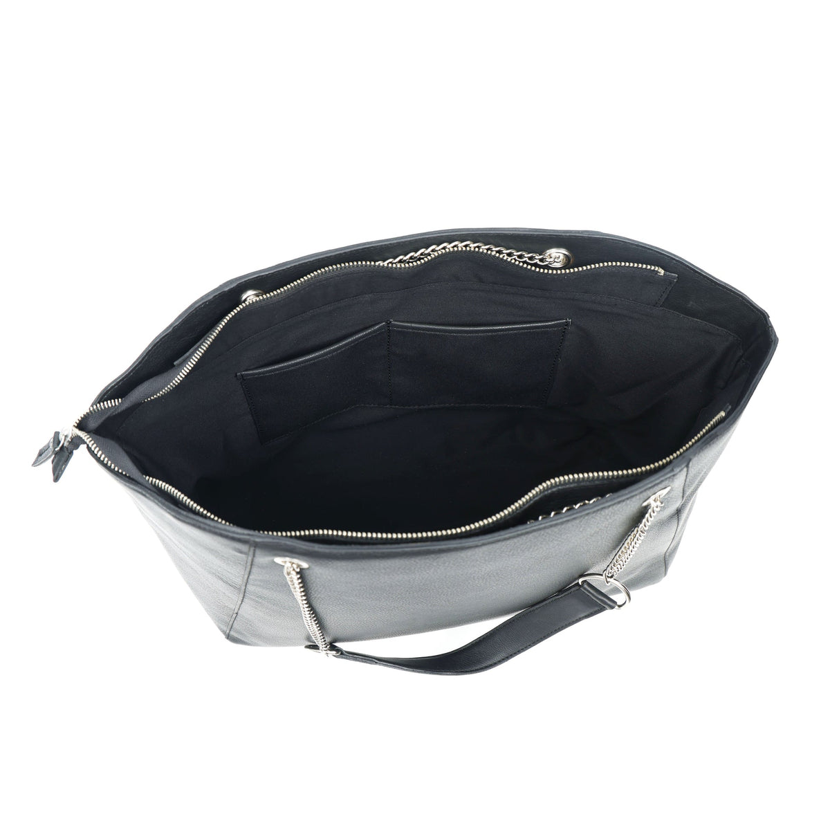 Premium Export Quality Black Leather Tote Bag with Chain Handles & Zip Closure