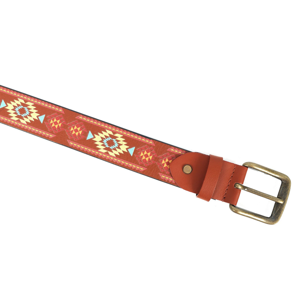 Handcrafted Aztec Pattern Leather Belt With Antique Buckle For Casual Ethnic Styling