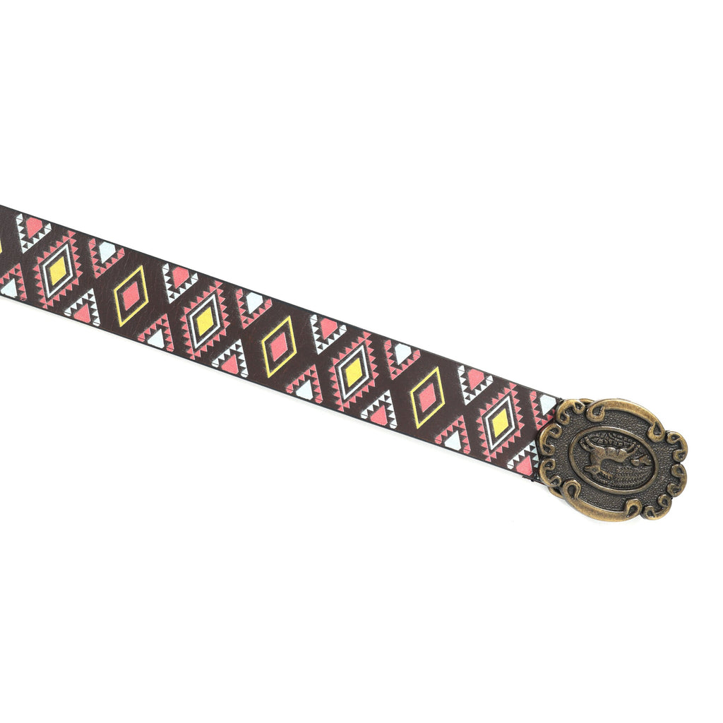 Unisex Tribal Patterned Leather Belt With Antique Medallion Buckle For Casual Western Wear