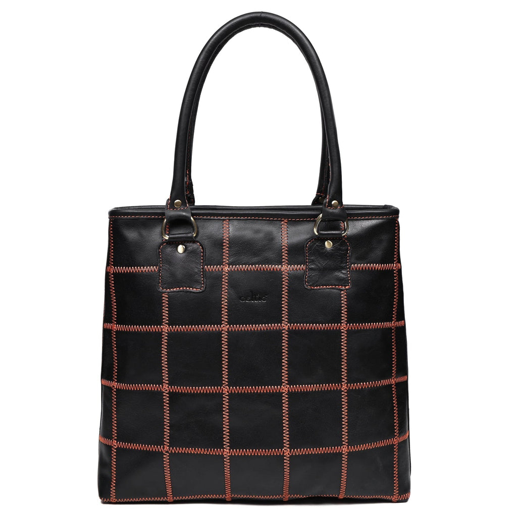 Women's Black Leather Tote Bag with Orange Stitch Grid and Spacious Interior