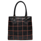 Women's Black Leather Tote Bag with Orange Stitch Grid and Spacious Interior