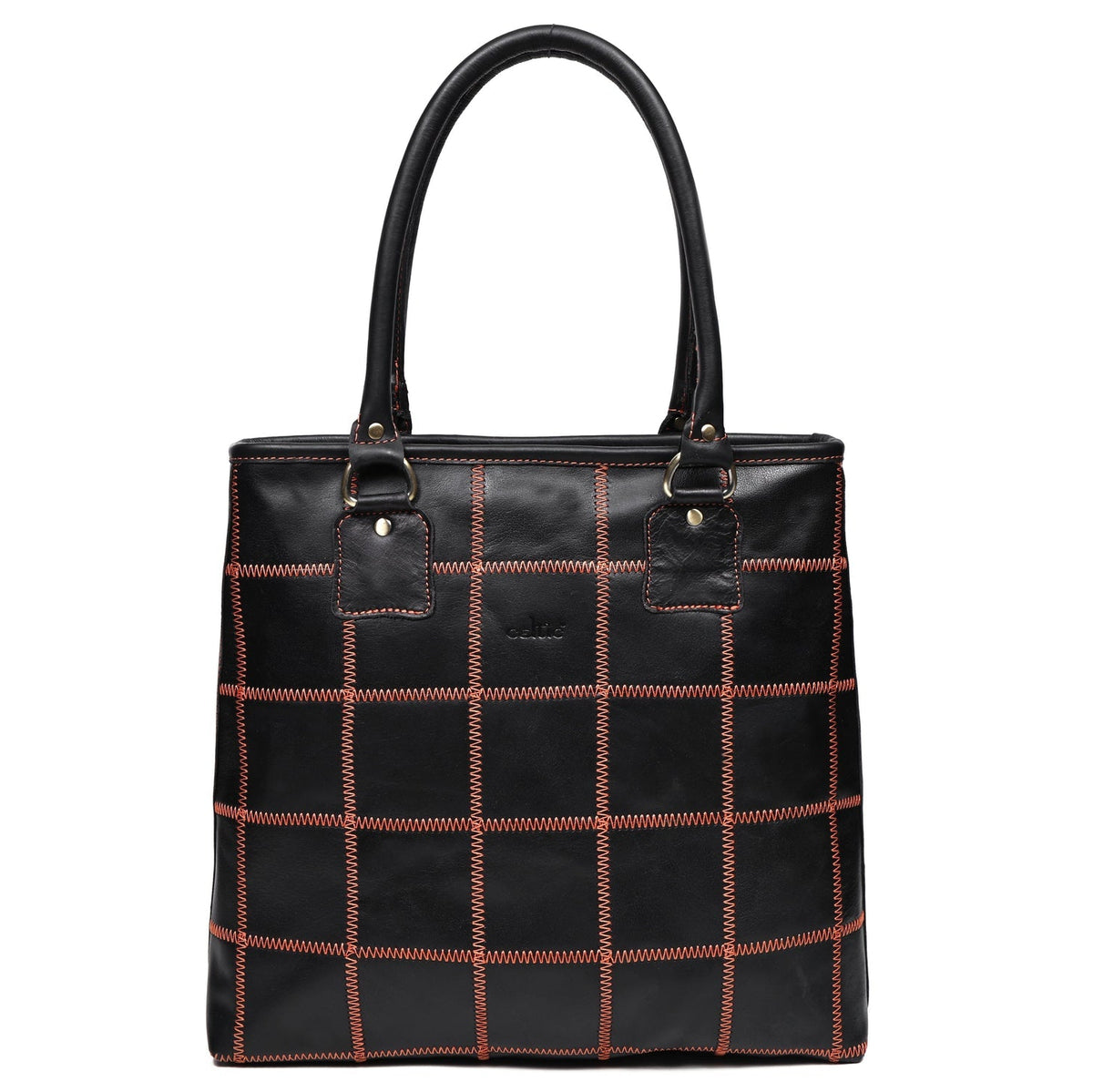 Women's Black Leather Tote Bag with Orange Stitch Grid and Spacious Interior