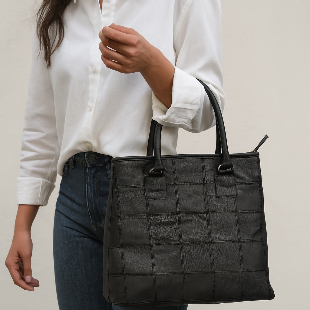 Women Black Leather Tote Bag with Patchwork Design and Spacious Interior