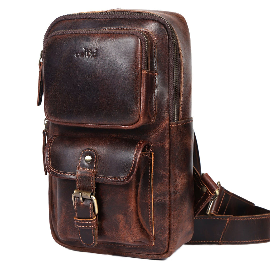 Premium Genuine Leather Crossbody Sling Bag with Multiple Zip Pockets & Adjustable Strap