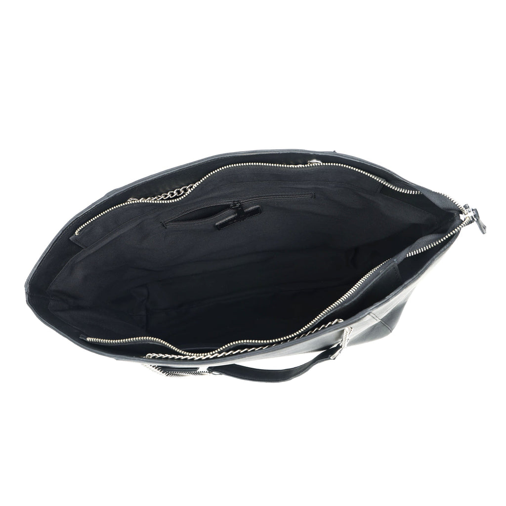 Premium Export Quality Black Leather Tote Bag with Chain Handles & Zip Closure