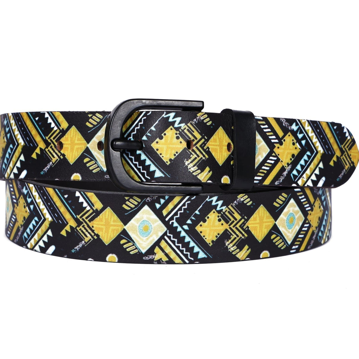 Unisex Genuine Leather Tribal Geometric Yellow Black Waist Accessory Matte Buckle