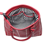 Genuine Leather Red Tote Bag with Check Stitch Design and Zip Closure