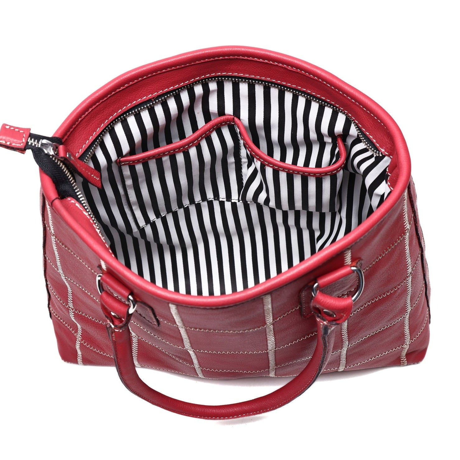 Genuine Leather Red Tote Bag with Check Stitch Design and Zip Closure
