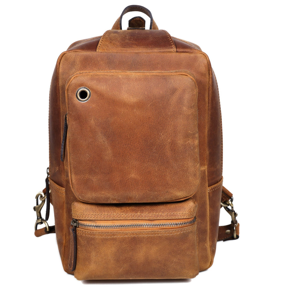 Premium Full Grain Leather Crossbody Bag with Multiple Zip Pockets & Fixed Strap