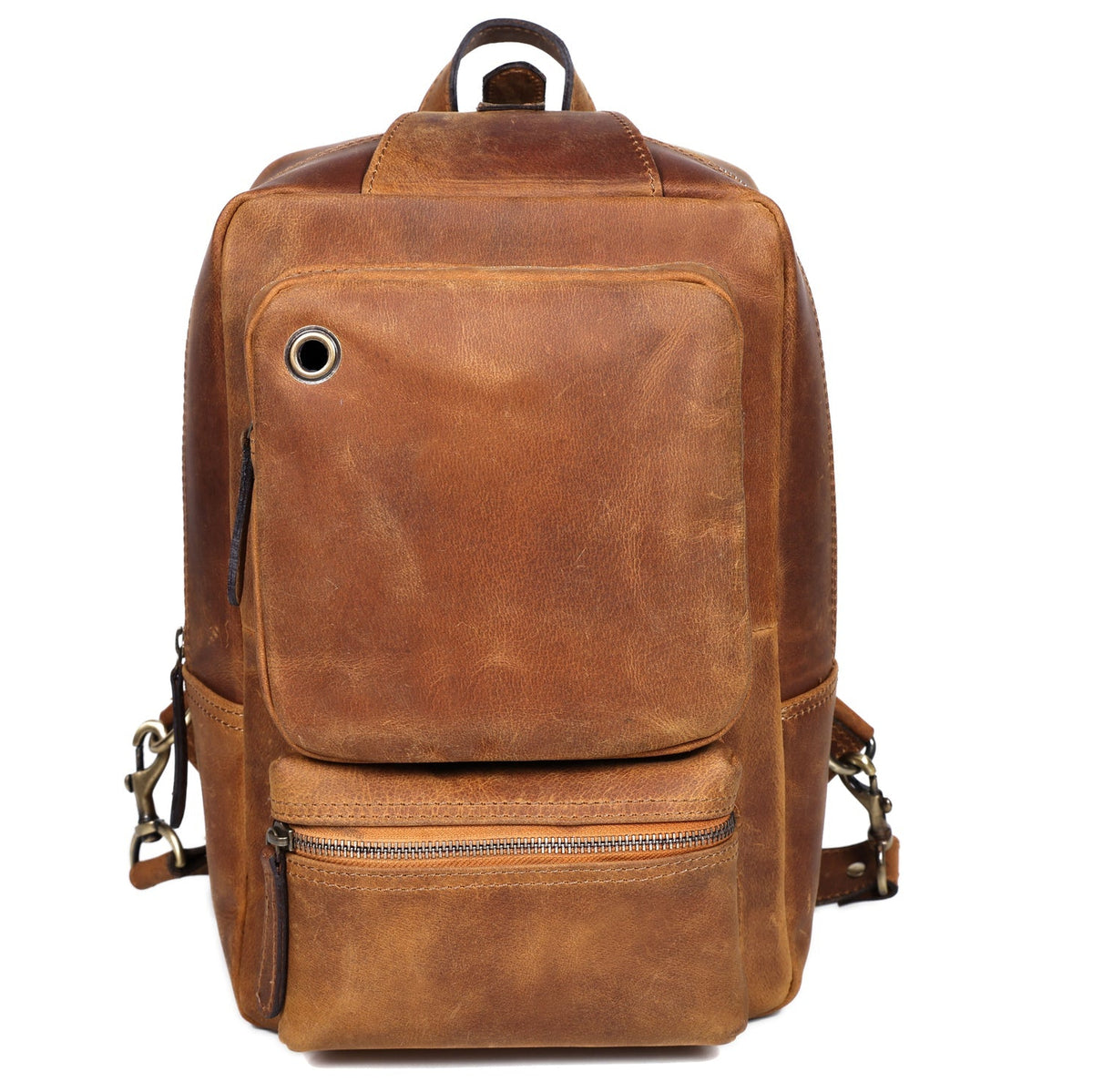 Premium Full Grain Leather Crossbody Bag with Multiple Zip Pockets & Fixed Strap