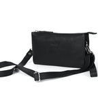 Premium Black Genuine Leather Sling Clutch with Dual Zip Compartments & Adjustable Strap