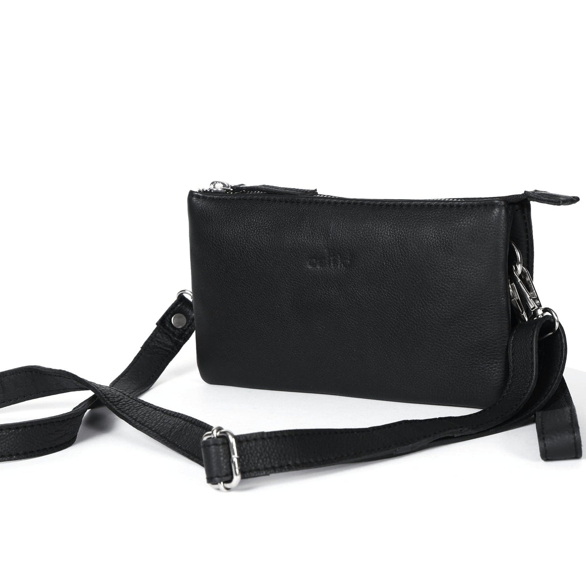 Premium Black Genuine Leather Sling Clutch with Dual Zip Compartments & Adjustable Strap