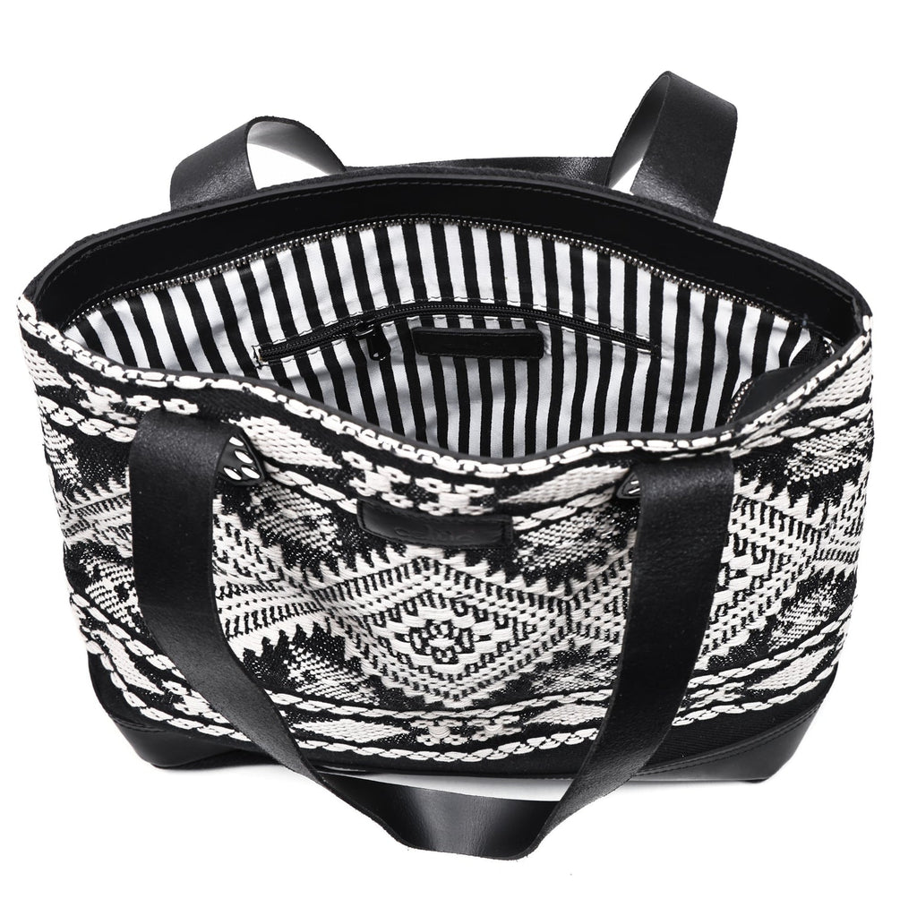 Premium Export Quality Black & White Jacquard Tote Bag With Spacious Zipper Compartments