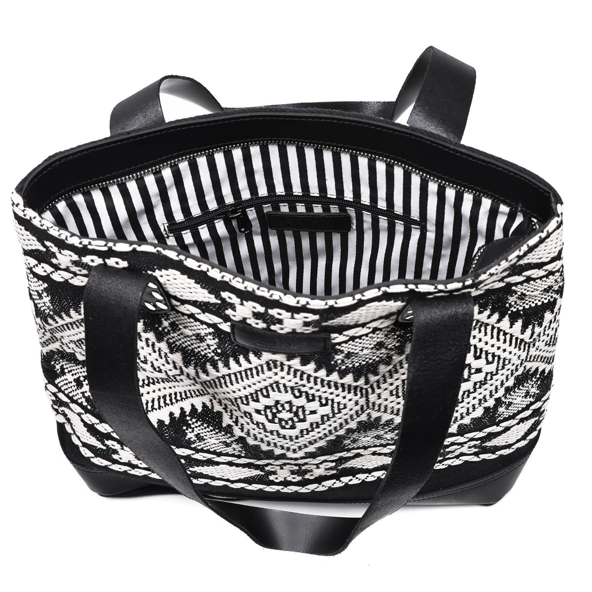 Premium Export Quality Black & White Jacquard Tote Bag With Spacious Zipper Compartments