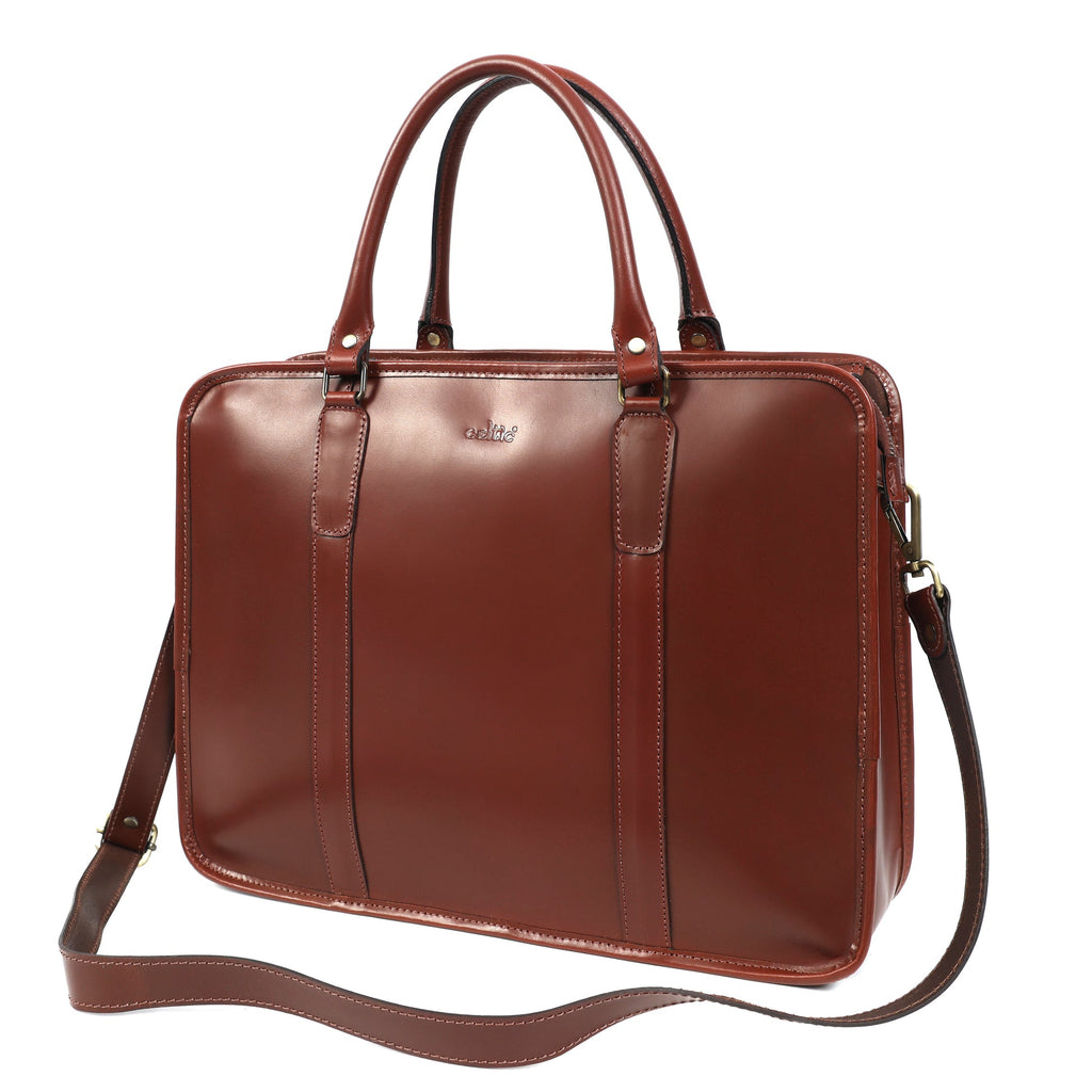Premium Full-Grain Leather Laptop Briefcase with Zip Closure & Detachable Shoulder Strap