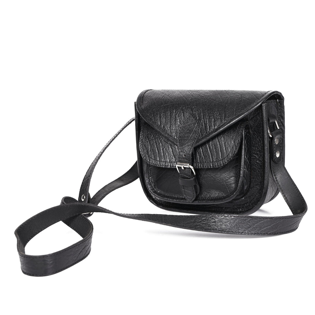 Black Wrinkle-Texture Leather Sling bag with Front Pocket & Adjustable Strap