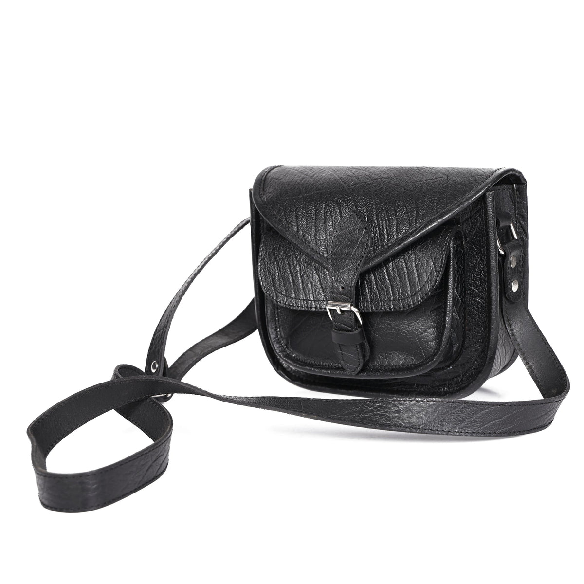 Black Wrinkle-Texture Leather Sling bag with Front Pocket & Adjustable Strap