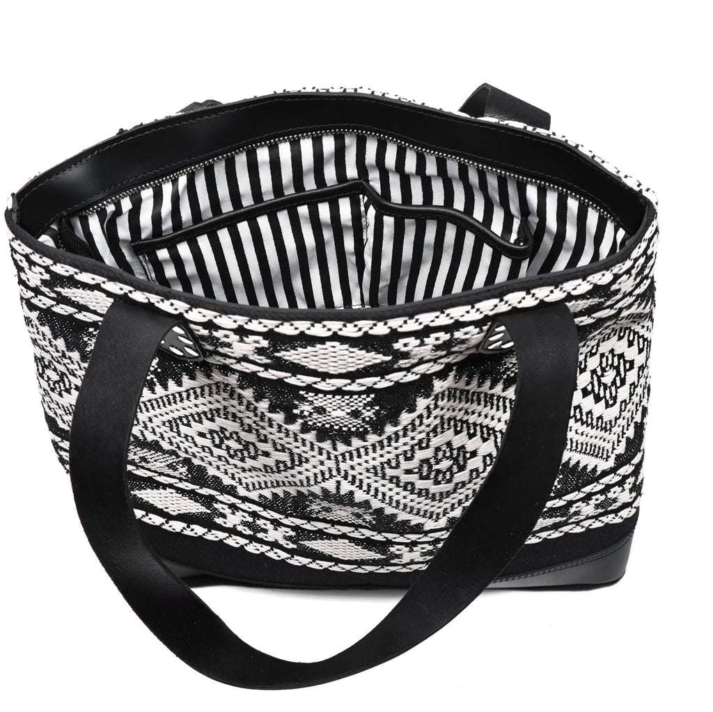 Premium Export Quality Black & White Jacquard Tote Bag With Spacious Zipper Compartments
