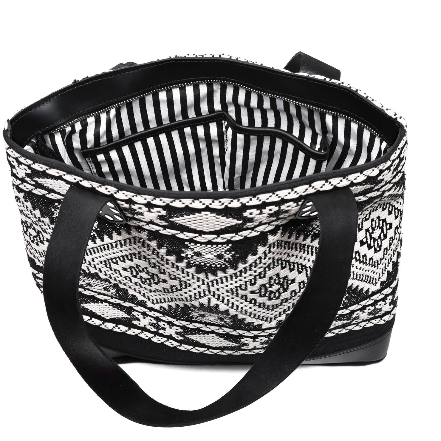 Premium Export Quality Black & White Jacquard Tote Bag With Spacious Zipper Compartments
