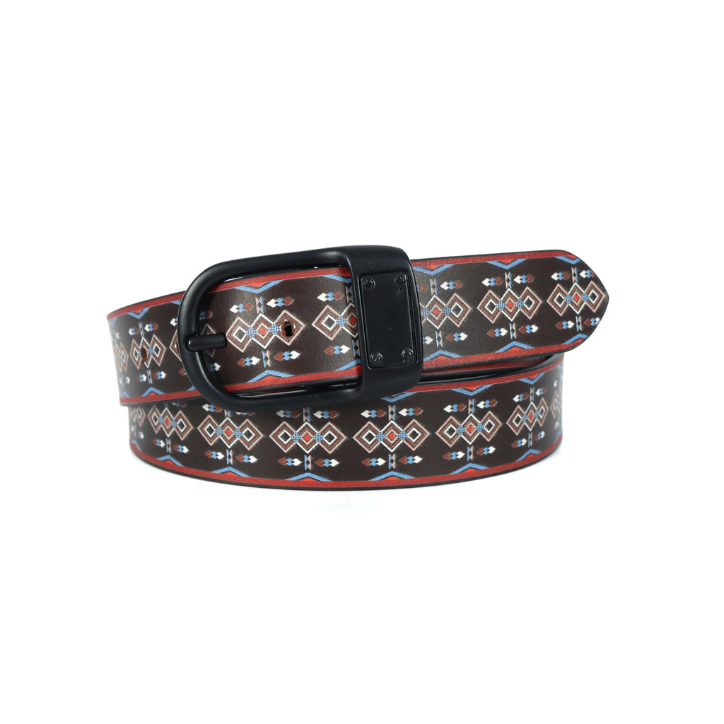 Unisex Tribal Patterned Leather Belt With Geometric Print Matte Black Buckle Handmade Style.