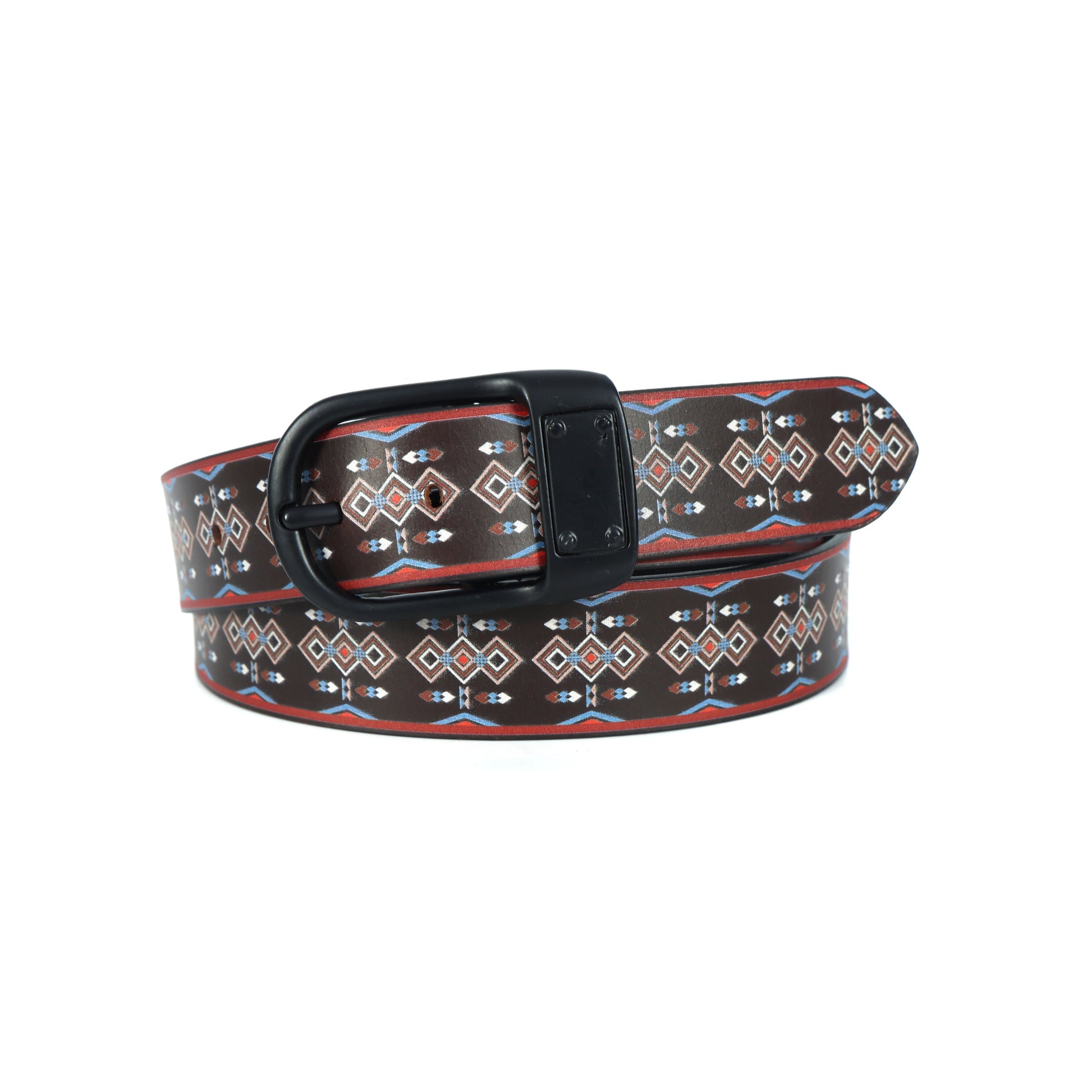 Unisex Tribal Patterned Leather Belt With Geometric Print Matte Black Buckle Handmade Style.