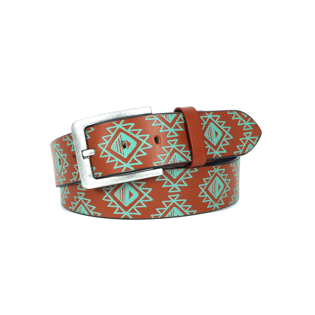 Unisex Geometric Ethnic Printed Leather Belt With Silver Buckle For Casual Wear
