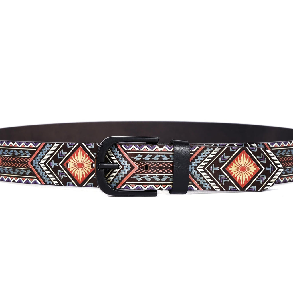 Men Genuine Leather Tribal Geometric Multicolor Waist Accessory Matte Buckle