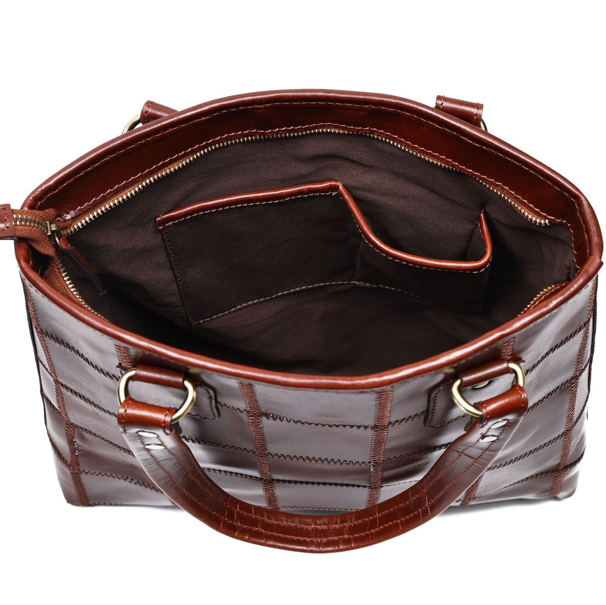 Genuine Leather Brown Tote Bag with Check Panel Design and Top Zip Closure