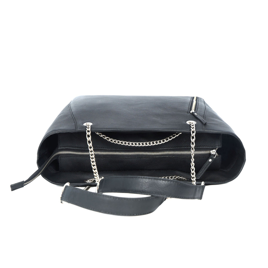 Premium Export Quality Black Leather Tote Bag with Chain Handles & Zip Closure