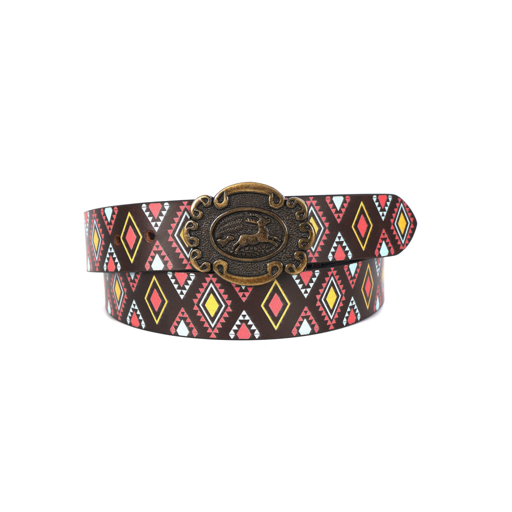 Unisex Tribal Patterned Leather Belt With Antique Medallion Buckle For Casual Western Wear