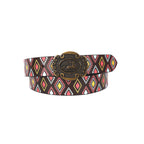 Unisex Tribal Patterned Leather Belt With Antique Medallion Buckle For Casual Western Wear