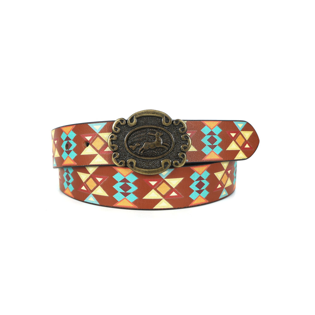 Unisex Aztec Pattern Leather Belt With Antique Buckle Handmade Ethnic Style Accessory.