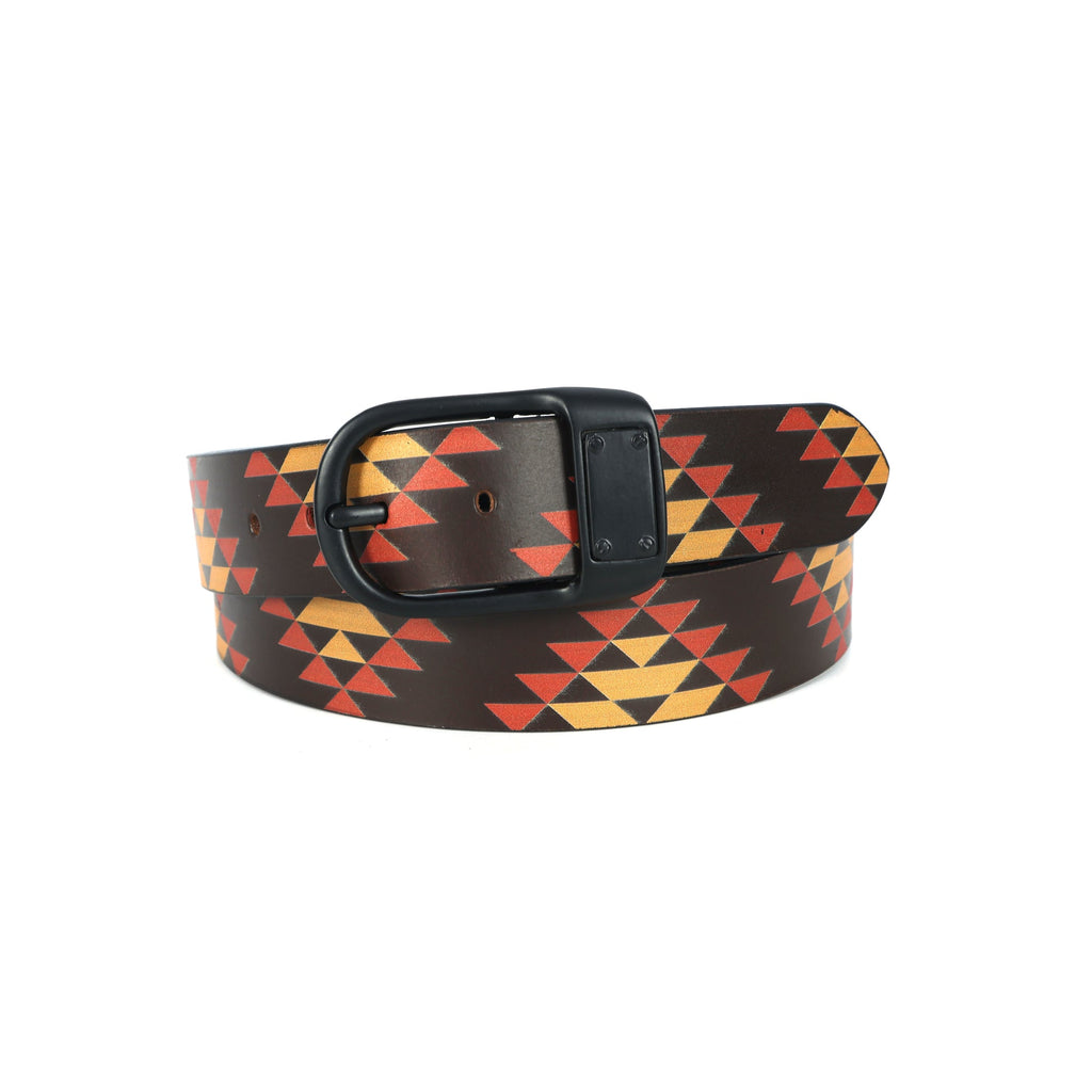 Unisex Geometric Tribal Print Leather Belt With Matte Black Buckle Stylish Casual Wear