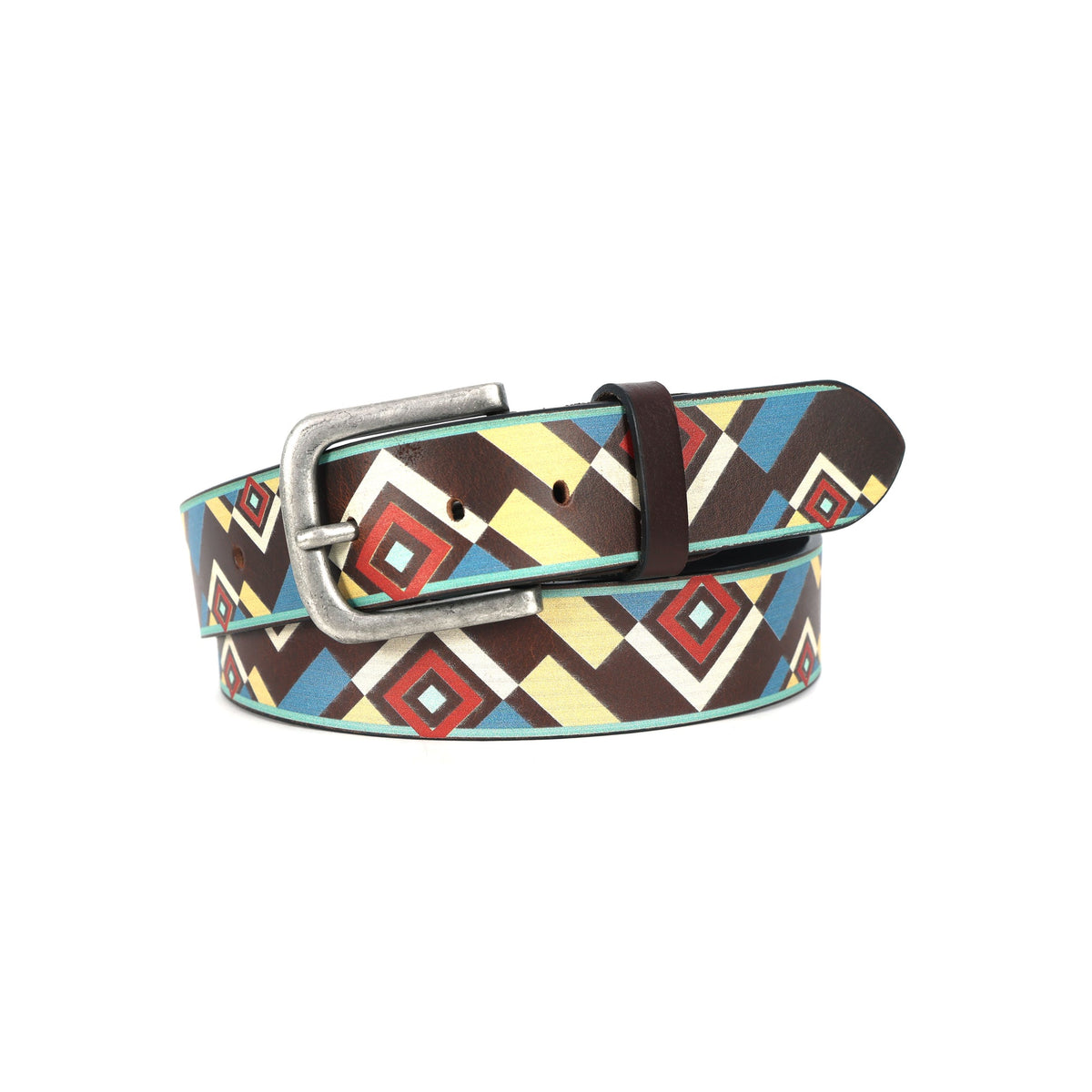 Unisex Handcrafted Patterned Leather Fabric Belt With Vintage Buckle For Casual Wear