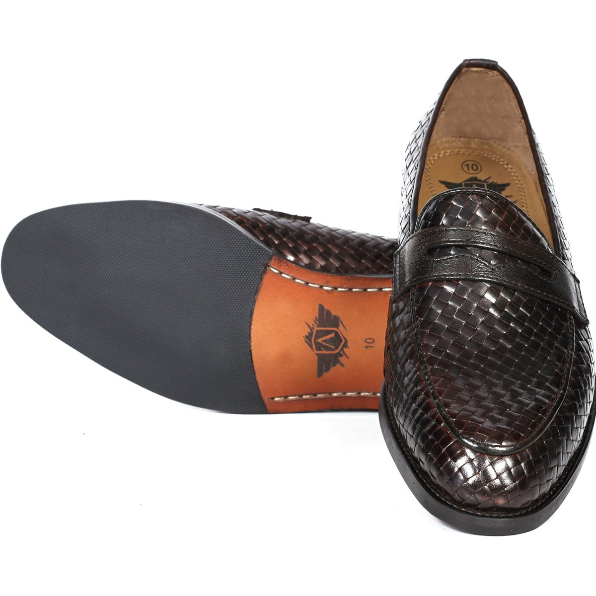 Mens Handwoven Genuine Leather Penny Loafers  Dark Brown Formal Slip-On Shoes