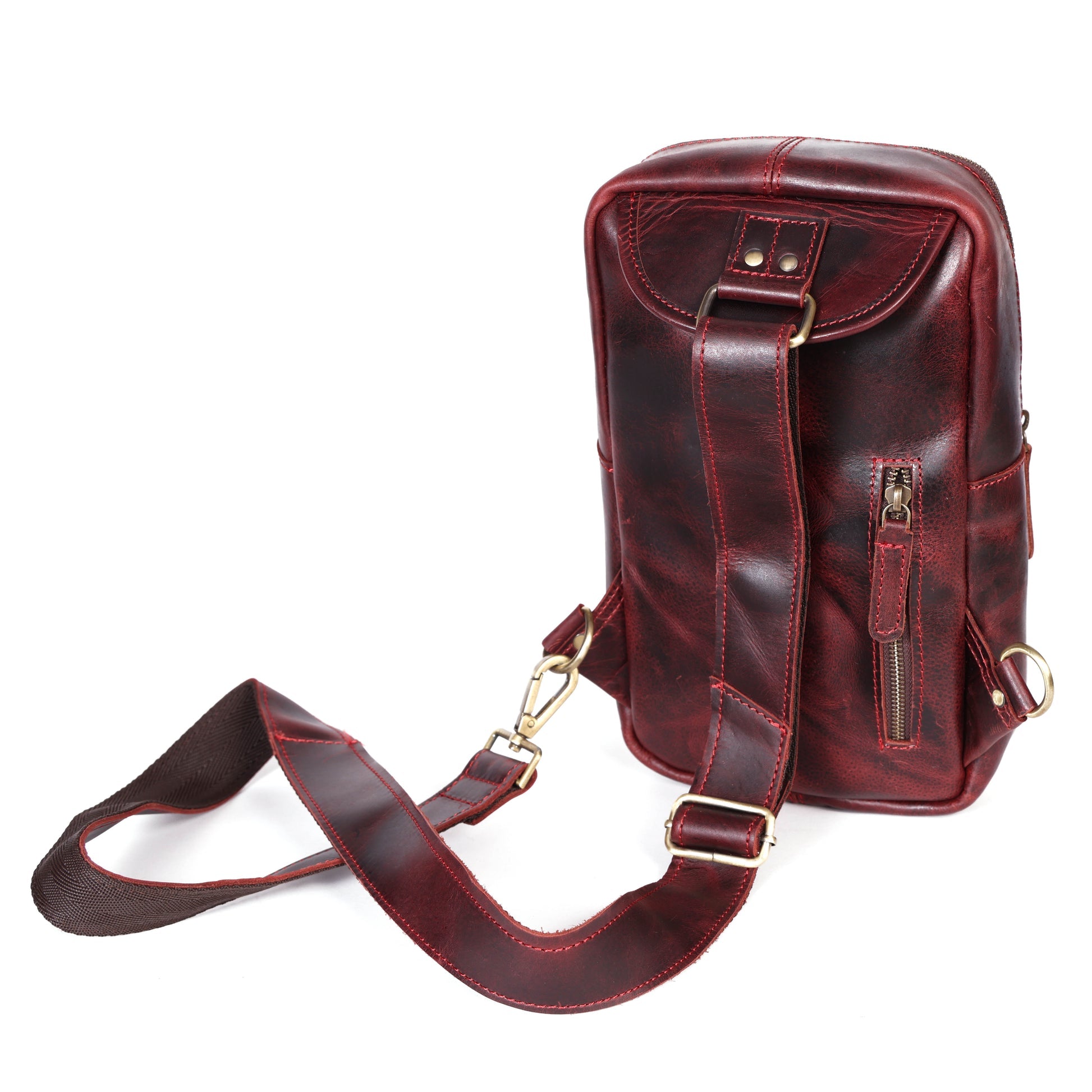 Premium Genuine Leather Crossbody Sling Bag with Multiple Zip Pockets & Adjustable Strap