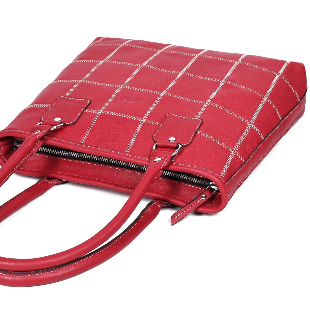Genuine Leather Red Tote Bag with Check Stitch Design and Zip Closure
