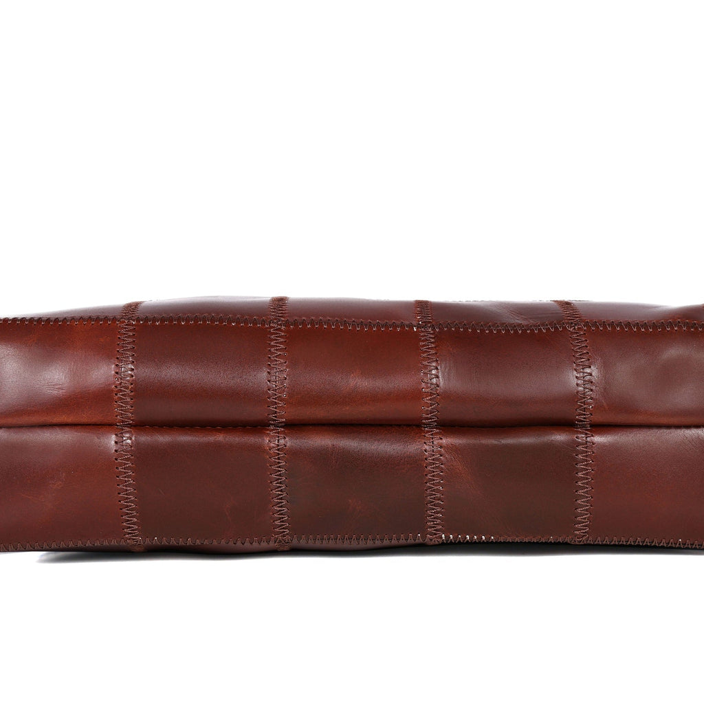 Genuine Leather Brown Tote Bag with Check Panel Design and Top Zip Closure