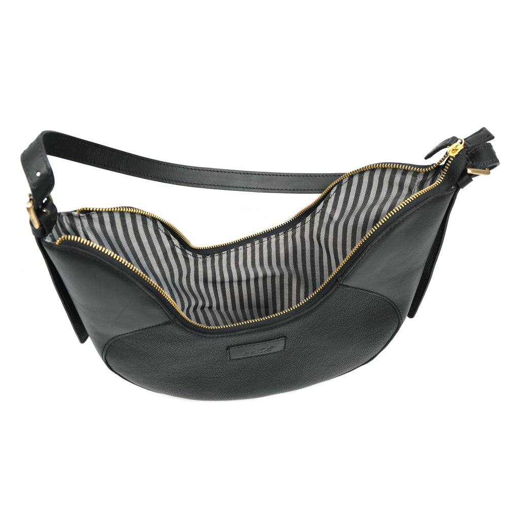 Premium Black Leather Hobo Shoulder Bag with Adjustable Strap & Zip Closure