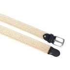Unisex Woven Beige Belt With Black Leather Tip Silver Buckle Casual Formal Wear